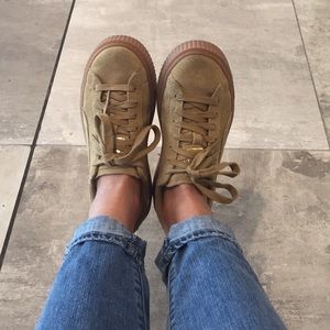 puma tan suede basket platform shoes